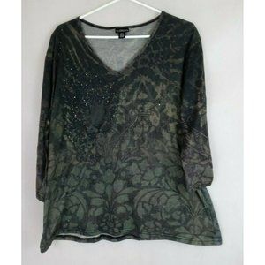Trilllogy by Morning Sun Green Beaded Floral Leopard Design Shirt Size XL
